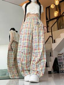 Women's Casual Pleated Wide Leg Loose Pants With Dopamine Plaid Star Pendant, Summer - Yellow - View 5