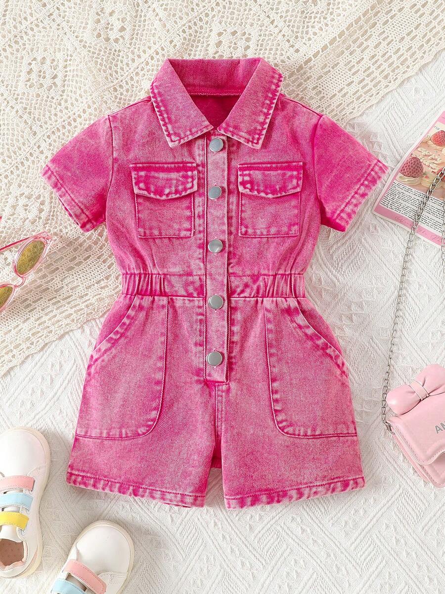 女童玫红色牛仔连体裤，时尚翻领短袖连身裤，夏季 - 玫紅色 - 查看 1