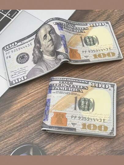 1个多色趣味钱包，印有100美元钞票图案，非常适合开玩笑和送礼，男士大容量复古美元印花钱包