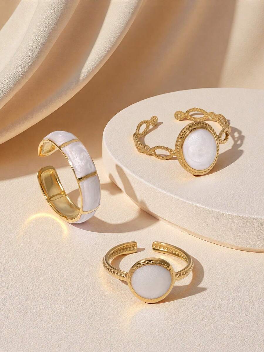 三件套不锈钢简约白色油滴可调节开口戒指套装，适合女性日常佩戴，或作为情人节、母亲节礼物。 - 戒指 - 查看 1