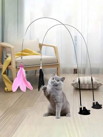 Cat Teaser Wand Toy With Feathers & Bells, Replacement Refill, Strong Suction Cup, Interactive Kitten Toy, Indoor Cat Toy, Handheld Cat Wand Toy For Scratching, Exercise & Entertainment