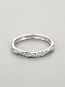 1pc Vintage 925 Sterling Silver Geometric Design Ring With Cubic Zirconia, Elegant Jewelry Gift For Women - Silver - View 3