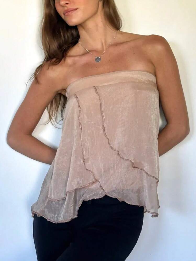 2026 Women's Tube Tops Floral Pattern Backless Top Layered Ruffle Strapless Bandeau Top Slim Fit Cropped Tube Tops - Khaki - View 5