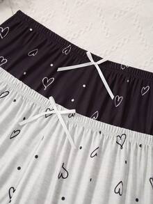 2pcs Plus Size Women Heart Print Knit Pajama Shorts - Multicolor - View 3