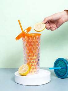 1个色彩缤纷的欧美创意菱形杯，时尚吸管杯，双层塑料水杯，漂亮的菱形吸管杯，适合家庭和办公室使用，非常适合冰咖啡和保持饮料冰爽。 - 彩色 - 查看 3