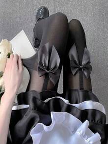 Fashionable, Sexy, Elegant And Mature Faux Suspender Solid Color Bow Tie Women's Pantyhose, Suitable For Casual, Gathering, Party, Date Outfit, Christmas, Thanksgiving, Valentine's Day Girlfriend Stockings Gift - Multicolor - View 2