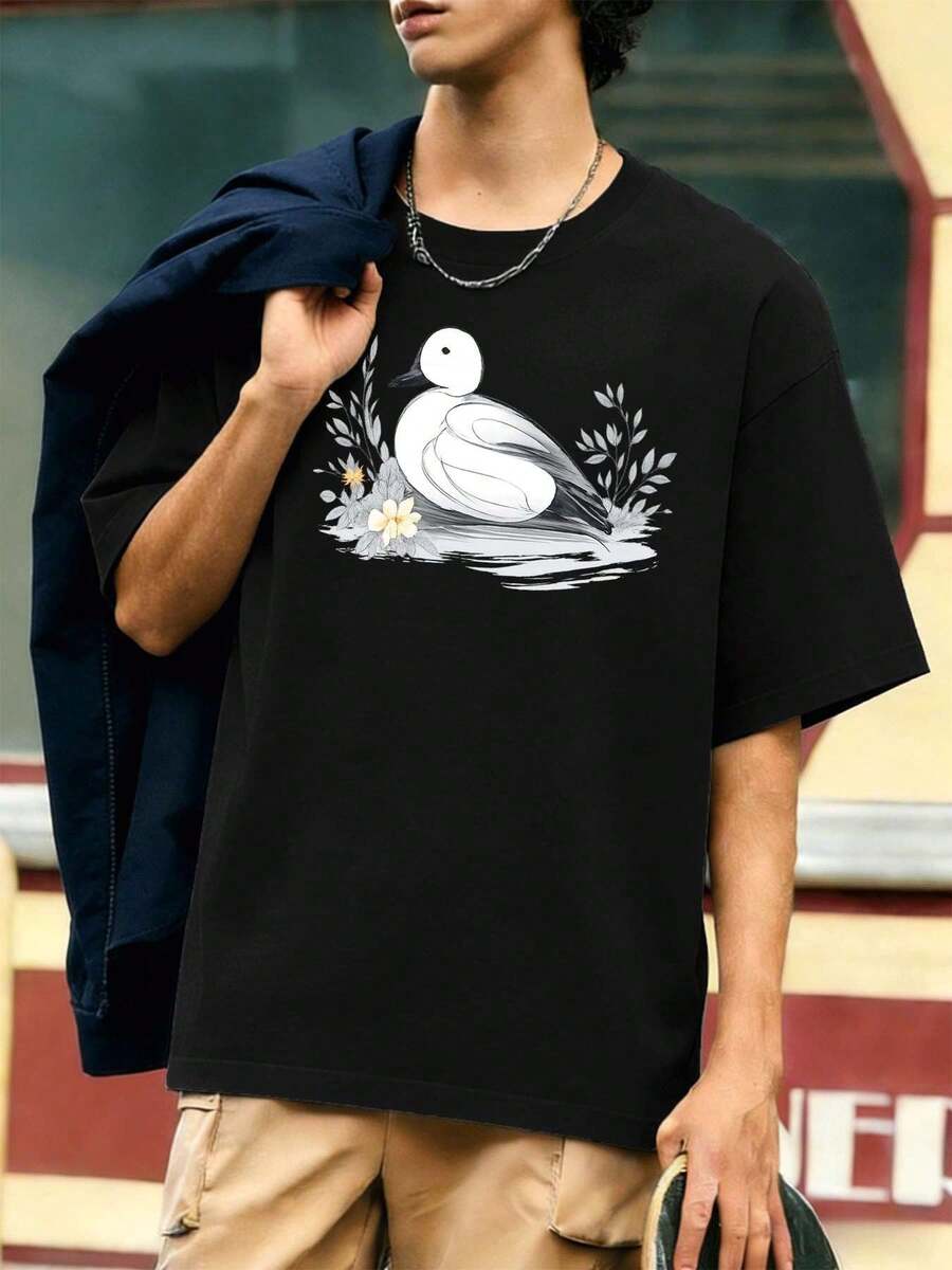 T-shirt décontracté grande taille à motif canard noir, confectionné dans un tissu de haute qualité, confortable et respirant, style streetwear hip-hop, imprimé artistique. - Noir - Voir 1