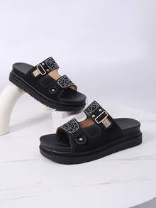 1 par de sandalias abiertas de mujer con suela gruesa brillante, hebilla de metal texturizada con rhinestones, cómodas y versátiles, adecuadas para el verano - Negro - Ver 8