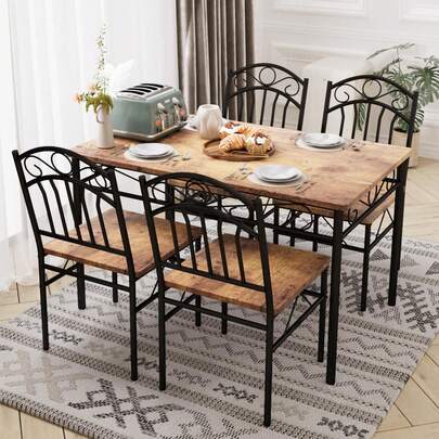 Juego de 4 mesas de Comedor industriales Retro y sillas, Juego de sillas de Mesa de Madera para Espacios pequeños, rincón de Desayuno, 1 Mesa + 4 sillas