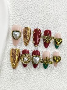 10片“秘密花园”美甲贴纸，手工美甲套装，金色珠子美甲装饰，蜜蜂、爱心、山茶花美甲装饰，深绿色、深红色和金色凝胶美甲，3种尺寸：杏仁形、鸭嘴形、棺材形美甲，包含工具包，适合女性和女孩，可用于派对、拍照、日常美甲。 - 彩色 - 查看 16