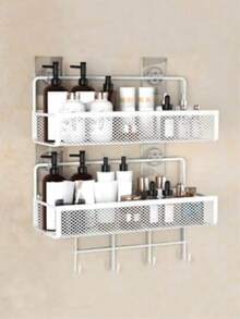 No Drill Bathroom Wall Mounted Storage Rack, Washroom Toilet Shower Hanging Hook Bathroom Organizer - Black - View 11