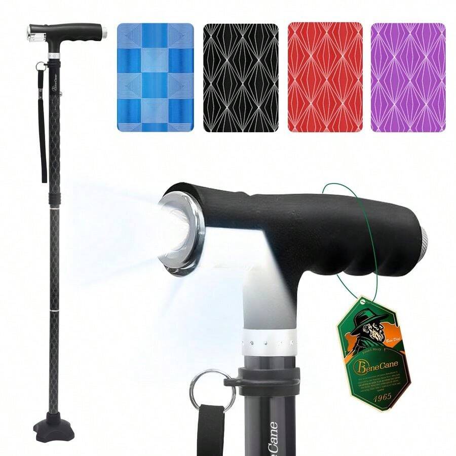 Bastn Plegable para Mujer con Dos Luces LED, bastn cudruple con Base Estable, Ligero y Ajustable - Negrotallado - Ver 1