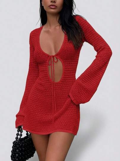 Sedessea 女士新款镂空性感沙滩度假休闲日常连衣裙，喇叭袖短款针织毛衣裙，春夏秋季