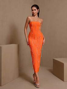 Damen Strass-verziertes figurbetontes elegantes Abendkleid - Koralle Orange - Übersicht 3