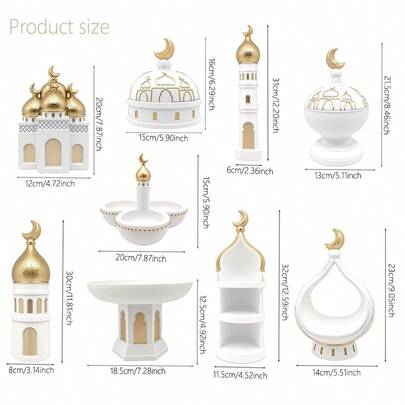 9pcs 10-15cm High Decoration, Hand-Crafted Resin With Gold Accents, Islamic Art Style In White & Gold With Crescent Moon Motifs, Mini Mosque Shape With Dome Tops And Arched Windows, Detailed Geometric Patterns And Metallic Finish, Multi-Functional Tabletop Organizer