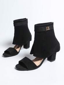 女士粗跟露趾踝靴，新款春夏高跟黑色裤筒凉鞋，时尚百搭露趾靴，女士夏季露趾靴，仿麂皮夏季凉鞋靴 - 黑色 - 查看 9