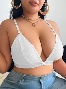 1pc Plus Size Front Closure Lace Wireless Backless Bra - White - View 5