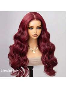 34英寸酒红色180%密度无结假发，无需胶水，真人发混纺预拉伸预剪裁13x4高清蕾丝闭合假发，真人发混纺水波纹蕾丝前假发，女士可佩戴假发，10-36英寸 - S99J/BUG - 查看 1