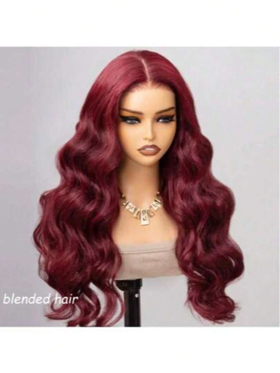 34英寸酒红色180%密度无结假发，无需胶水，真人发混纺预拉伸预剪裁13x4高清蕾丝闭合假发，真人发混纺水波纹蕾丝前假发，女士可佩戴假发，10-36英寸 - S99J/BUG - 查看 1