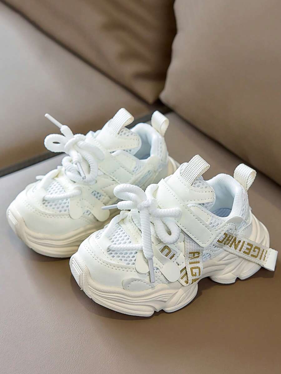 1双女童时尚运动鞋/厚底运动鞋，儿童魔术贴系带网面透气户外休闲鞋，女童软底防滑校园跑步鞋，适合步行/跑步，儿童网球鞋 - 米色 - 查看 1