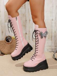Women's Round Toe Thick Sole High Heel Tall Boots, Pink & Black, Lace-Up Elastic Fashion Boots, Autumn/Winter - Pink - View 1