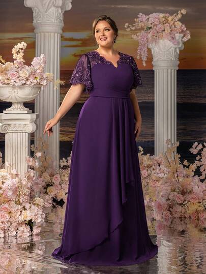 Faeriesty Plus Size Women's Elegant Plum Purple Lightweight Chiffon Formal Dress - V-Neck Short Lace Sleeves Dress With Sequin Decor, High Waist Asymmetric Ruffle Hem Floor Length Gown | Suitable For Wedding Guests, Parties, Formal Gatherings, Galas, Valentine's Day