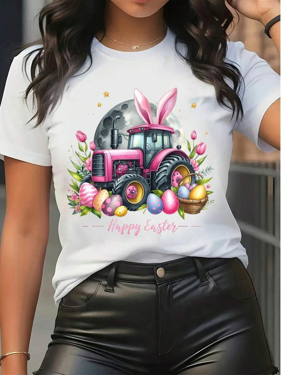 Damen Fröhliches Ostern Grafik T-Shirt Kurzarm Rundhals T-Shirt Süße Hasenohren Rosa Traktor Eier Blume Muster Lässiges Feiertagsshirt - Weiss - Übersicht 1