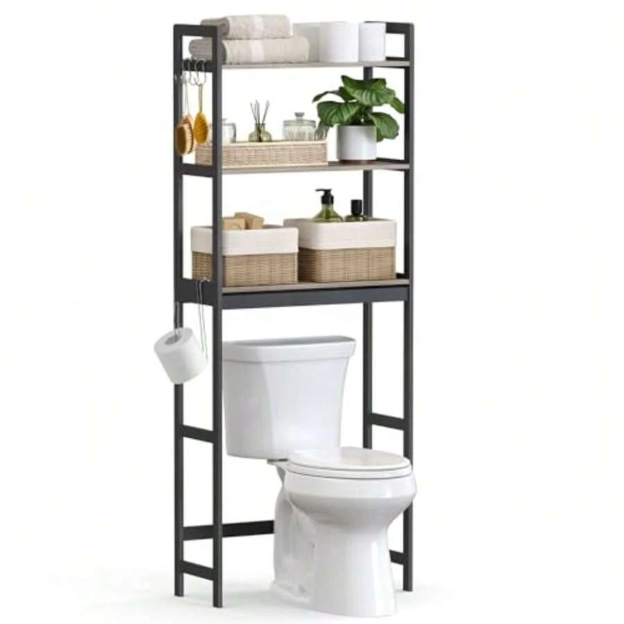 SONGMICS Estantería sobre el Inodoro Organizador de Baño de 3 Niveles con Estantes Ajustables Greige y Negro MBTS012W01 - Greige negro - Ver 1