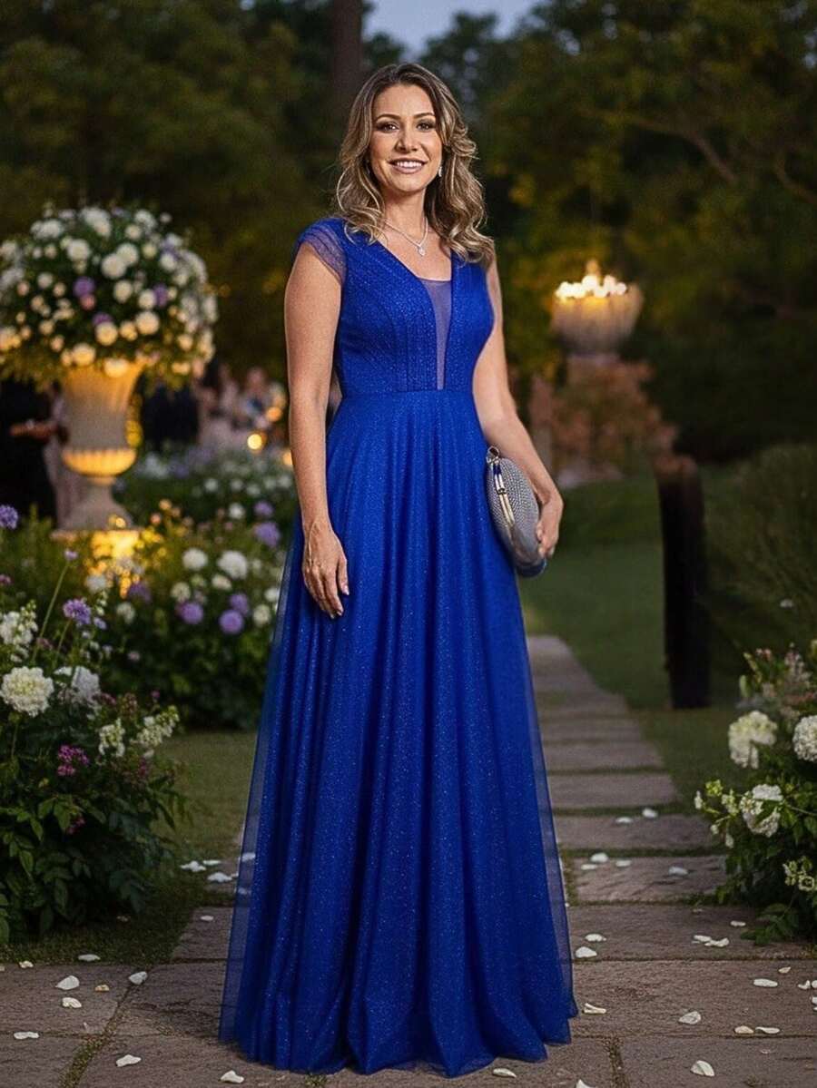 Grife Velasco Elegant Long Party Dress For Bridesmaids, Wedding, With Glitter, Ruffles, And Short Sleeves. - 寶藍色 - 查看 1