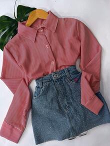 Polyester Button-Down Shirt, Everyday Wear, Spring/Summer/Winter - 粉紅色條紋 - 查看 2