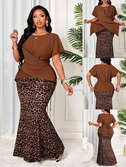 BIUBIU Plus Size Women's Fashion Casual French Retro Style Elegant Ruched Blouse & Leopard Print Fishtail Skirt Two Pieces Set, Ideal For Back To School, Graduation, Valentine's Day, Music Festivals, Mother's Day, Thanksgiving, Easter, Prom, Date Parties, Wedding Season, Outdoor Excursions & More