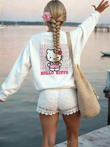 Sanrio 1pc Women's Hello Kitty Print Crew Neck Sweatshirt, Casual Homewear Top