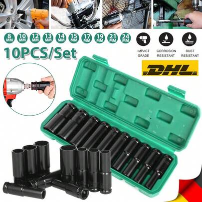 Deep Socket Set 1/2 Inch 10 To 24mm, Extra Long Reach, 10 Pcs Impact Driver Hex Bit Sockets, With 1/4 Hex Shank Adapter, Car Large Torque Wrench For Drill, Ratchet, Heavy Duty Spanner Tool