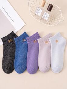 3/5双装新款金属纱线女袜，韩版蝴蝶结刺绣短袜，闪亮亮片袜，简约时尚，舒适柔软，适合日常、休闲、通勤、运动、居家、聚会、上学、送礼等场合，春夏时尚短袜，适合各种场合和季节。 - 彩色 - 查看 8