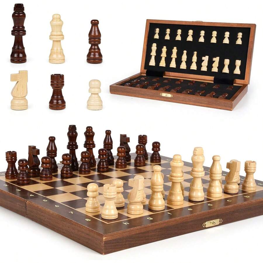 Juego de ajedrez magnético para viaje, tablero de ajedrez de madera magnético de 12 pulgadas con 2 reinas extra, tablero de ajedrez plegable para almacenamiento y juegos para adultos, juego de ajedrez vintage - Juegos de mesa familiares, Juegos educativos - Multicolor - Ver 1