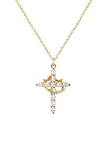 一款简约时尚的个性化十字皇冠项链，配有可旋转的圆形十字吊坠。
