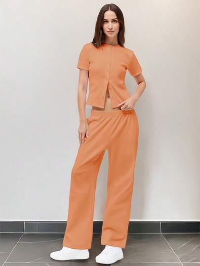 KATCH ME Women's Minimalist Solid Color Button-Up Short Sleeve Slim Top & Wide Leg Trousers Co-Ord, Cozy Two Piece Outfits, Comfort Basic Womenswear