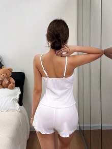 Bonmuse Bộ đồ ngủ nữ màu trắng có gân gồm áo hai dây và quần short, kiểu dáng tối giản, mềm mại và thoải mái, thoáng khí và thân thiện với da. - trắng - Xem 6