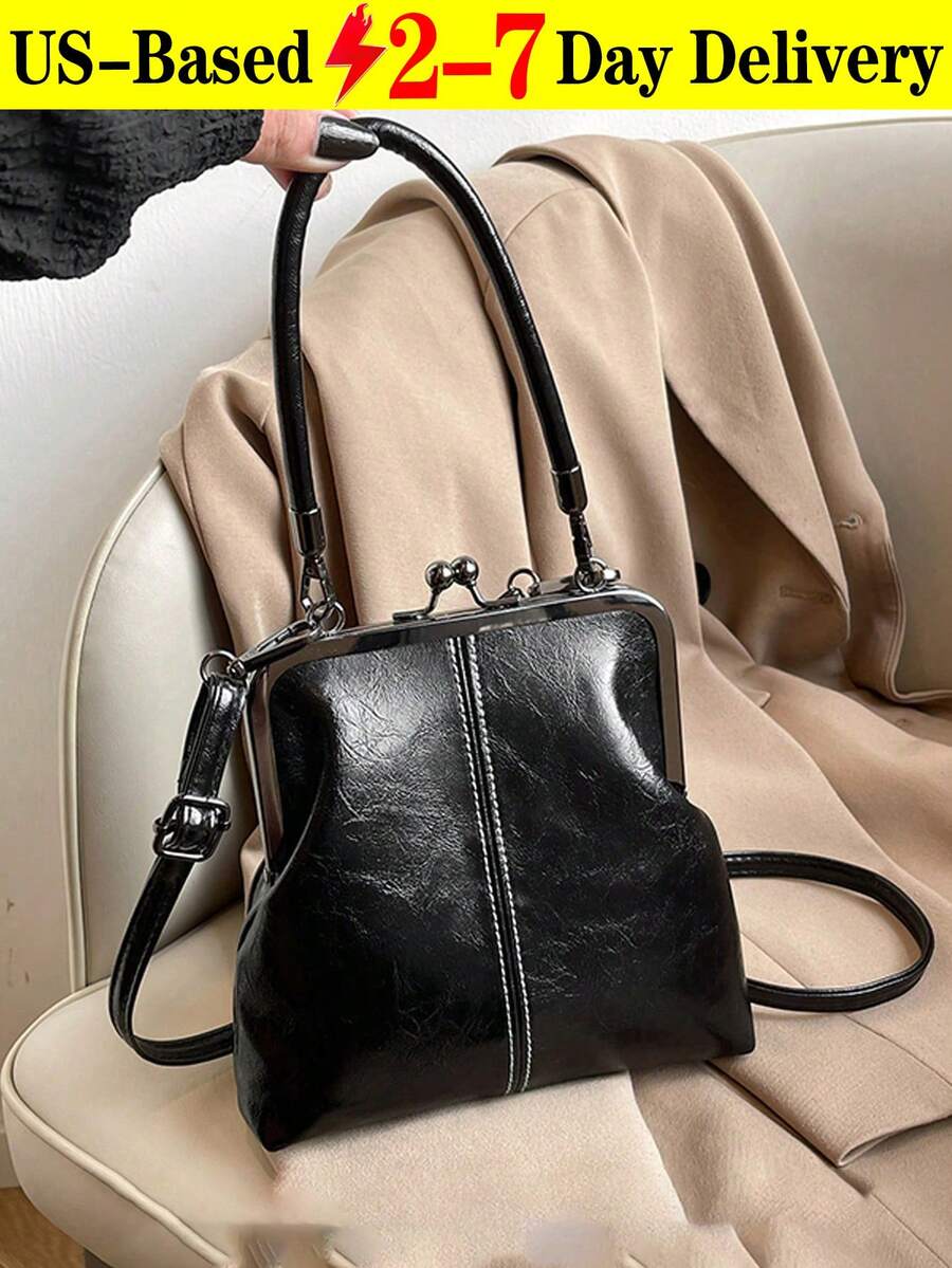 Vintage Faux Leather Crossbody Bag For Women, Retro Style Kiss Lock Mini Handbag With Adjustable Shoulder Strap, Solid Color Lightweight City Tote With Polyester Lining,For Couple Thanksgiving Dinner Tote - Halloween Decorations Halloween Decorations Crossbody Bag Handbag Cold Weather Bags - Nhiều màu - Xem 1