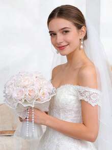8.66 Inch Artificial Wedding Bouquet, Bridal Faux Pearl Veil Decorated Rose Bouquet, Suitable For Wedding Ceremony, Anniversary, Homecoming And Other Occasions, Valentine's Day Gift,Festival,Birthday - Multicolor - View 6