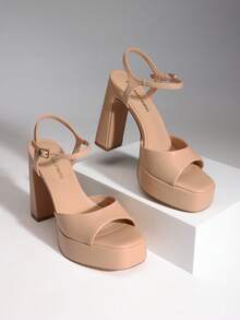 Women Chunky High Heeled Sandals 2026 New Spring Summer Sexy Open Toe Ankle Strap Super High Heel Sandals Suitable For Party Runway - 裸色 - 查看 3