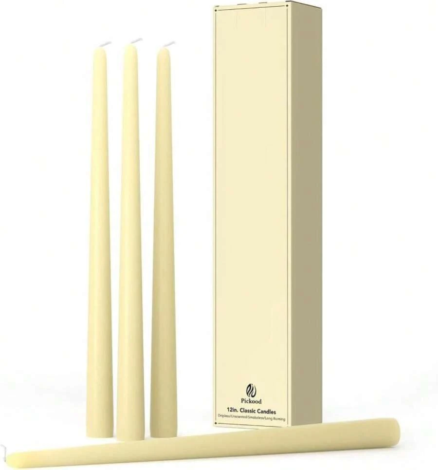 Pickood 12-Inch Tall Dripless Taper Candles Set Of 4 - Ivory Tapered Candles, Perfect For Wedding,Dinner - Smokeless, Unscented, Long Burning - Hand Poured, Colored Tall Candlesticks - Cream - ColorY - View 1