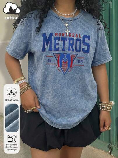 大码女式每日蒙特利尔地铁队图案圆领短袖休闲夏季水洗上衣，冰球主题浪漫小说图案女式蓝色T恤