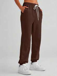 Women's Cinch Bottom Sweatpants - Athletic Joggers Lounge Pants With Pockets - Brown - View 5
