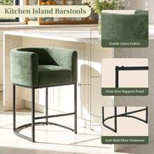 26" Counter Height Bar Stools Set Of 1, Modern Fabric Upholstered Barrel Bar Chairs With Backrest & Armrests, Black Metal Frame Accent Stools For Kitchen Island - 綠色 - 查看 4