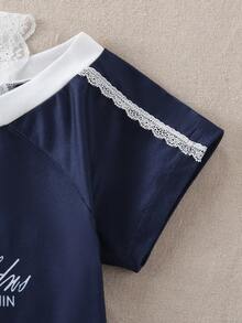 1pc Girls Sweet & Spicy Lace V-Neck Asymmetrical Hem Fitted Short Sleeve T-Shirt With Badge & Letter Print, Summer - Blue - View 5