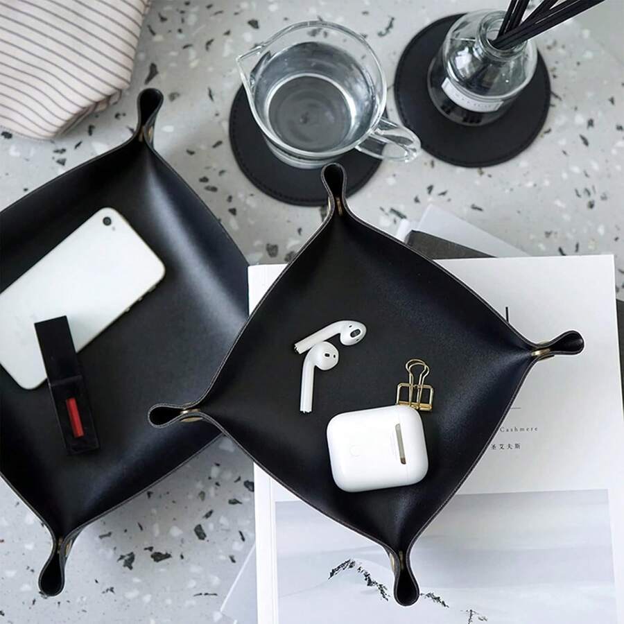 Square PU Leather Storage Box, Nordic INS Style Desktop Foyer Key Cosmetic Jewelry Storage Tray , Makeup Room Decor, Room Decor