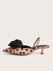 Zapatos de tacón alto de mujer con acabado de satén, diseño minimalista de unicolor y punta afilada, de estilo elegante y versátil para fiestas, con decoración floral y cómodos - Rosa de lunares - Ver 4