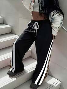 Women's Leopard Print & Striped Drawstring Pocket Pants, Casual Straight Leg Trousers, Sexy Street Style, Comfortable & Lightweight, Versatile For Daily Wear, Fashionable Design, Suitable For All Seasons, Autumn/Winter - Olive Green - View 1