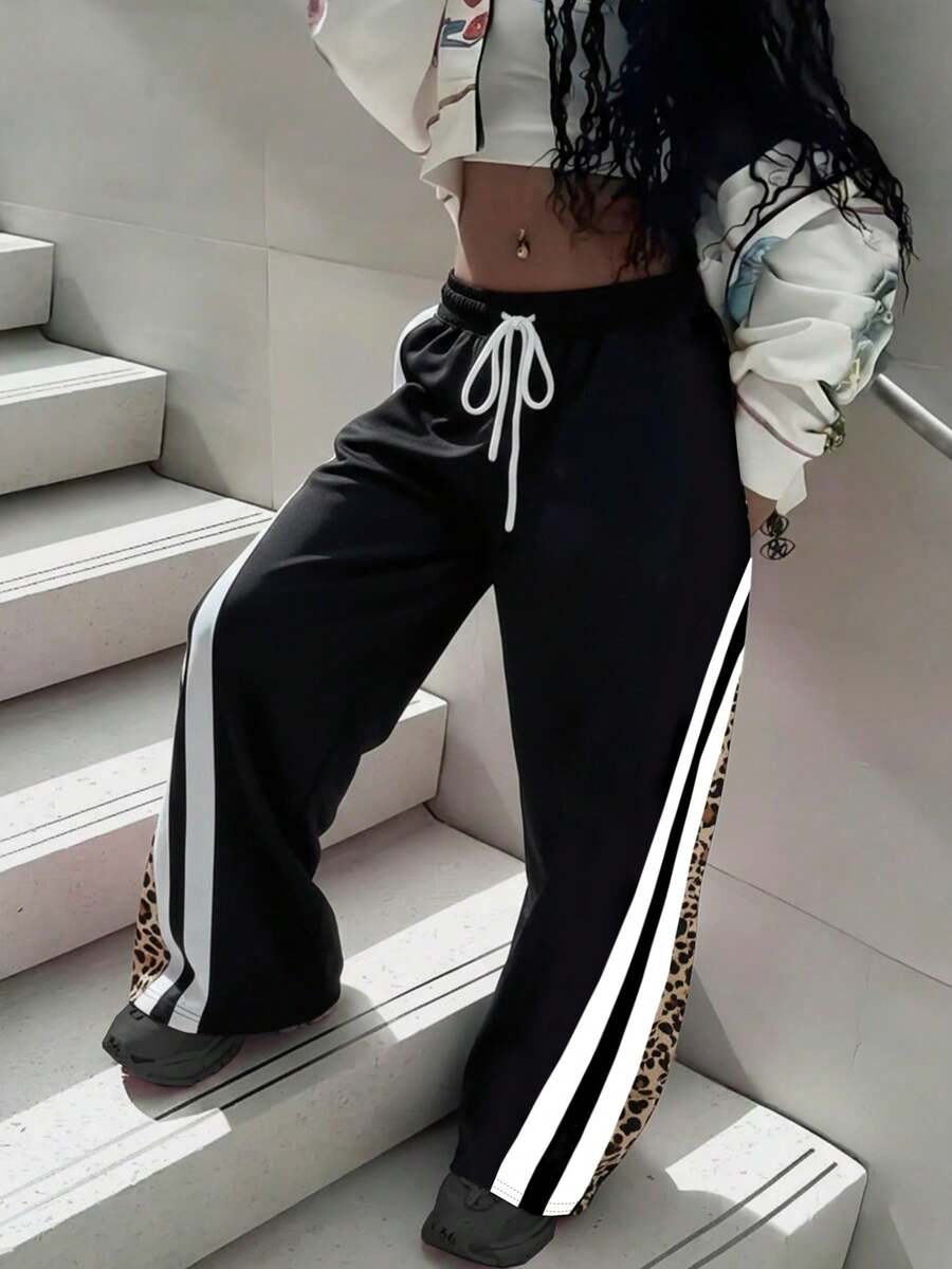 Women's Leopard Print & Striped Drawstring Pocket Pants, Casual Straight Leg Trousers, Sexy Street Style, Comfortable & Lightweight, Versatile For Daily Wear, Fashionable Design, Suitable For All Seasons, Autumn/Winter - Olive Green - View 1